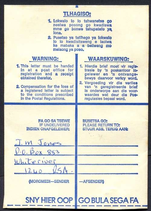 RSA - Bophuthatswana Pre-printed Registered Cover, Registered At Witrivier (RSA) Post Office