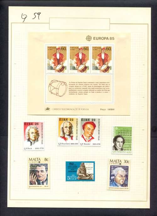 Music - 7 Stamps + 1 Miniature Sheet Mounted(Hinged) on Old Album Page