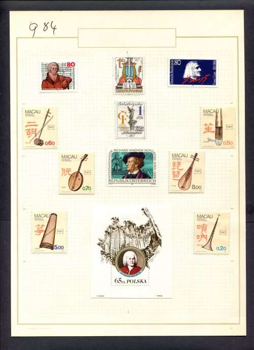 Music - 11 Stamps + 1 Miniature Sheet Mounted(Hinged) on Old Album Page