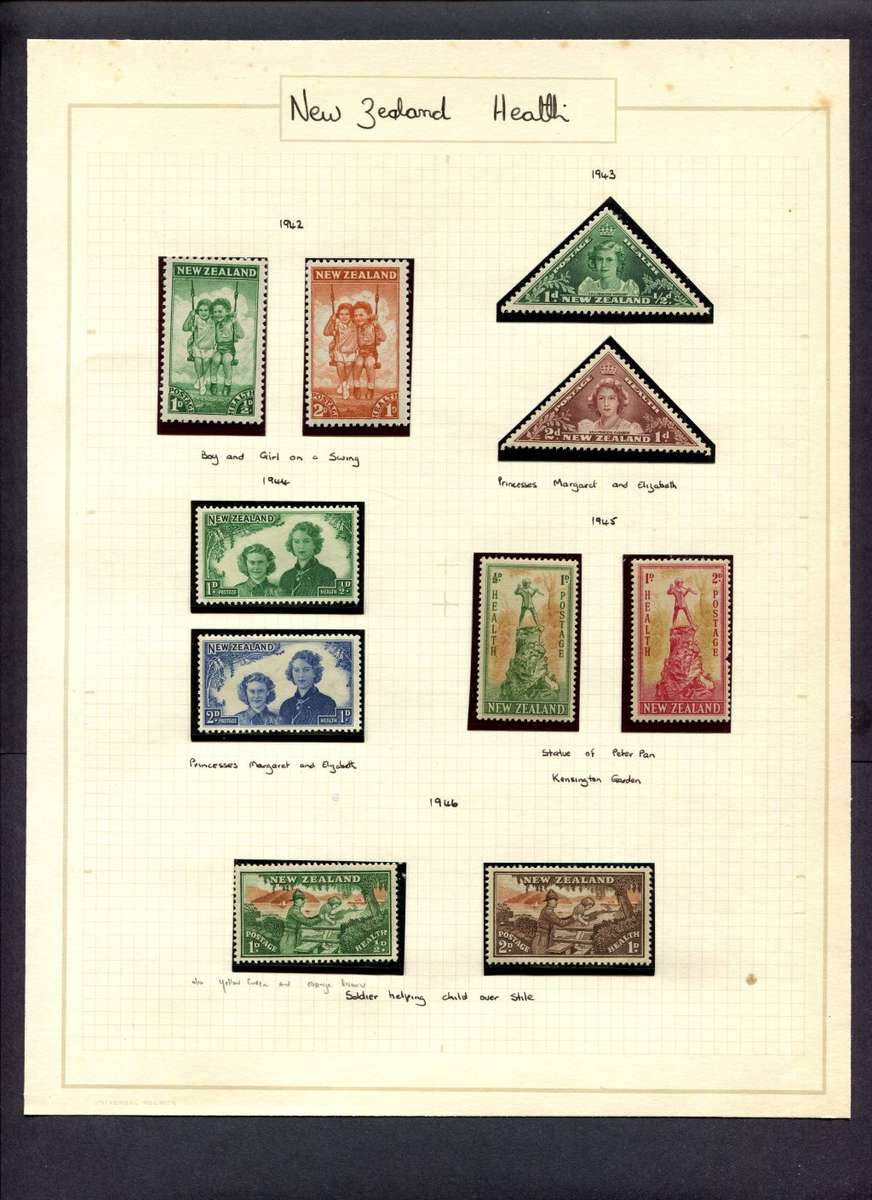 New Zealand - 105 Stamps (mint stamps mounted) + 1 Cover Mounted(Hinged) on 11 Album Pages