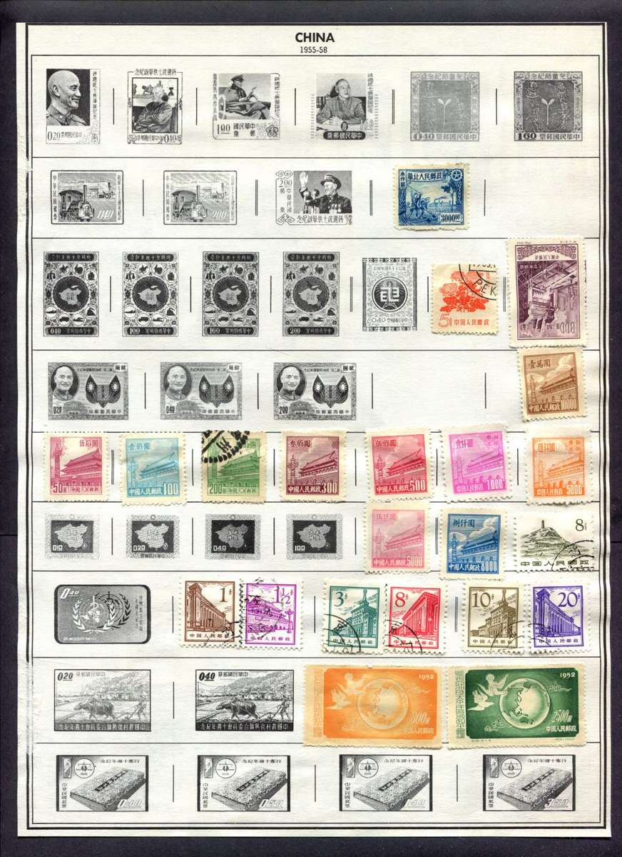 China - 180 Stamps Mounted (Hinged) On Both Sides of 4 Old Album Page