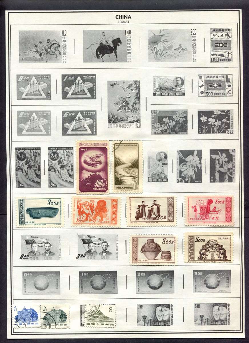 China - 180 Stamps Mounted (Hinged) On Both Sides of 4 Old Album Page