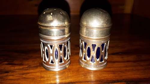 VINTAGE SILVER PLATED Tiny Salt and Pepper Pots with cobalt blue inner liner