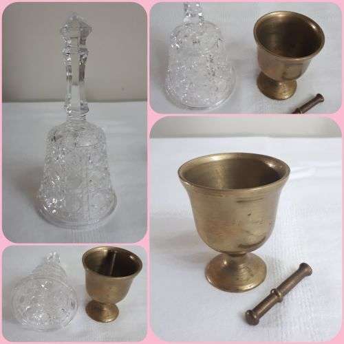 VINTAGE DECORATIVE ITEMS: CRYSTAL BELL AND BRASS GOBLET WITH PESTLE