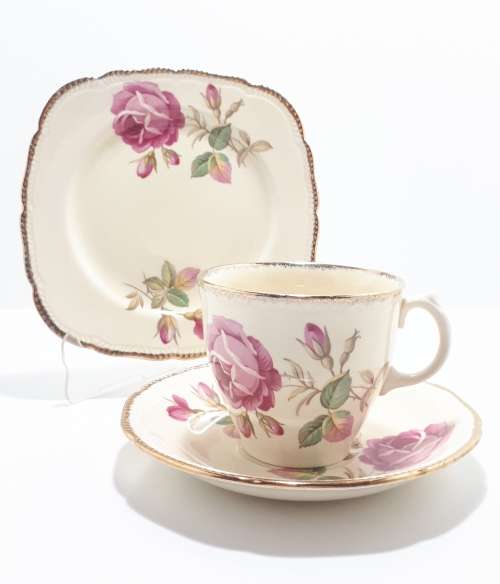 Royal Swan Cream Coloured With Rose Detail Tea Trio (Cup Saucer and Tea Plate)