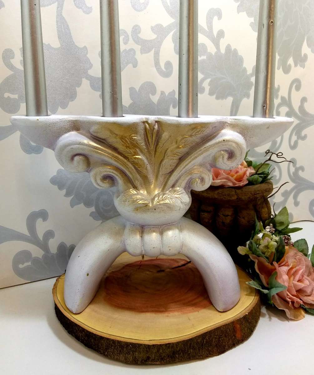 Large Ceramic Heavy 4 Candle Holder In Soft Grey & Rose Gold Almost In Fleur-de-lis Pattern