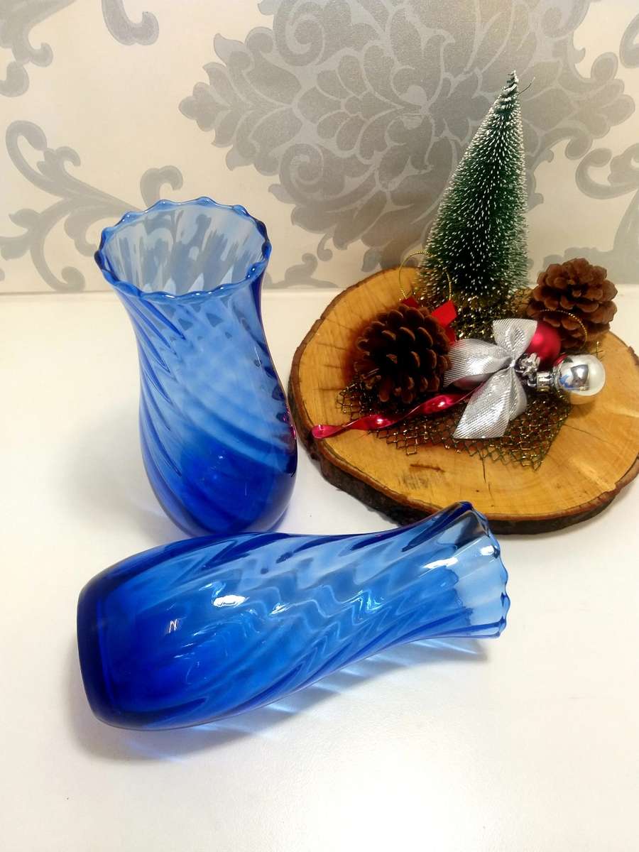 Identical Pair Of Blue Swirl Glass Vases With Fluted Scalloped Rims