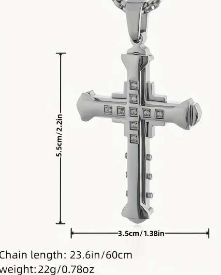 Steel Cross Pendant Necklace With Zircon Inlaid - Golden