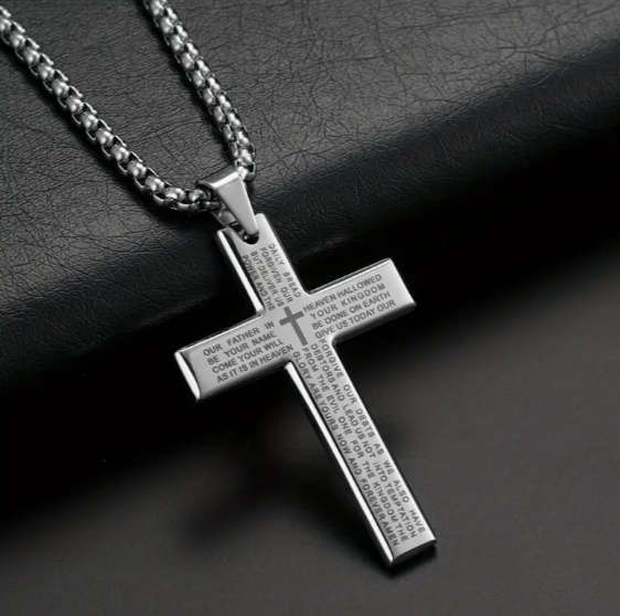 Steel Verse Cross Pendant Necklace - Steel Colour