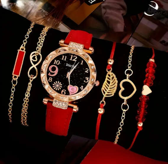 6pcs/set Women`s Elegant Rhinestone Heart Quartz Watch Analog