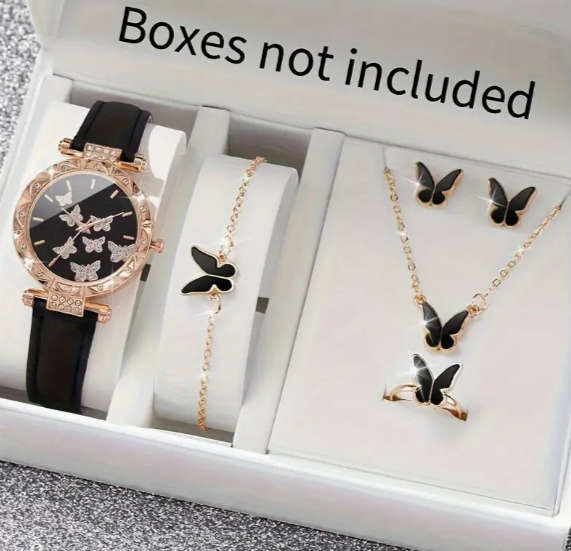 6pcs/set Women`s Elegant Butterfly Rhinestone Quartz Watch Analog