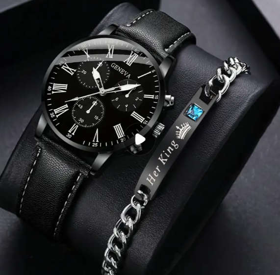 2pcs/set Men`s Quartz Watch Rome Fashion Analog PU Leather Wrist Watch & Her King Bracelet