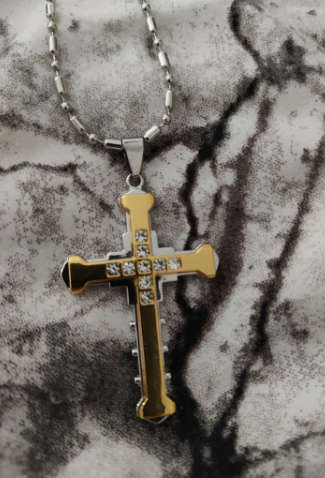 Steel Cross Pendant Necklace With Zircon Inlaid - Golden