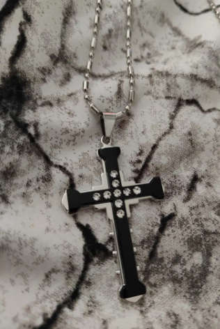 Steel Cross Pendant Necklace With Zircon Inlaid - Black