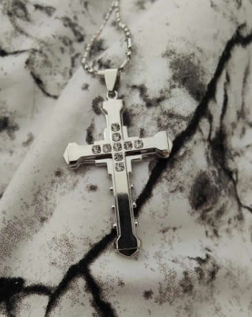 Steel Cross Pendant Necklace With Zircon Inlaid - Silver
