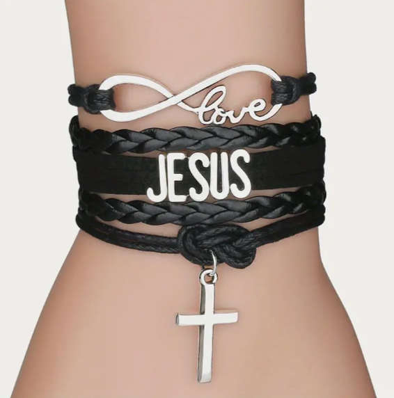Silvery Cross Bangle Jesus - Black