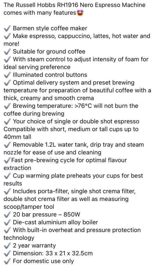 Russell Hobbs Nero Espresso Coffee Machine