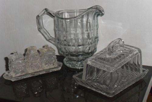 Large, Art Deco pressed glass water jug, cheese dish and cruet set