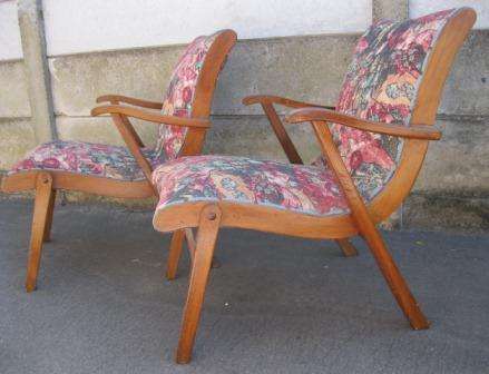 Pair of mid century Danish, teak chairs in the original Scandinavian 'folk' fabric