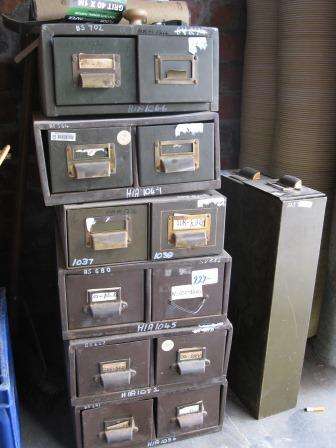 Art Deco two drawer metal military cabinet with brass handles