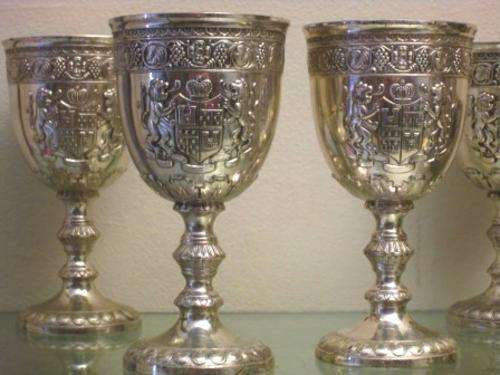 Set of 4 large vintage silver plated white wine goblets with crest