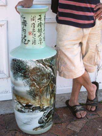 Enormous hand made and painted and signed celadon green Chinese floor vase 93 cm tall 25 kg