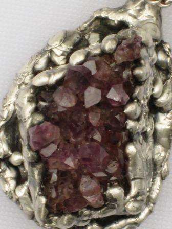 Designer 1970s Brutalist style Danish sterling chain and pendant set with ametrine crystals