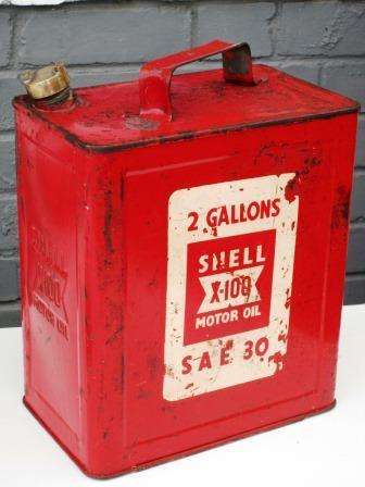 Retro Mid Century Shell 2 gallon oil can with brass cap