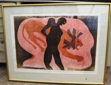 Large Framed Cecil Skotnes Woodcut "He Attends His Menagerie No:3" Signed And Dated 1975