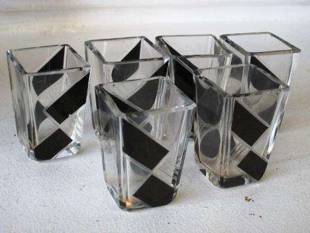 Set of 6 Art Deco 1930's Enameled And Hand Cut Bohemian Crystal Liqueur Glasses