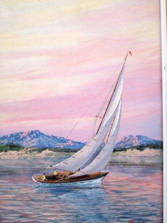 Original framed sailboat in seascape oil painting by South African artist Roy Gardener