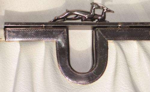 Vintage 1950s handbag with chrome clasp in the form of two leaping deer (37 cm x 42 cm)