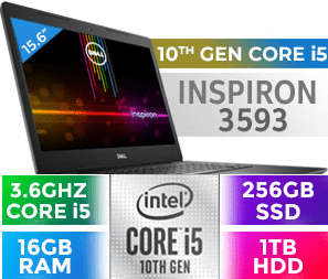 10th Gen Core i5 Dell Inspiron 15 3593**256GB SSD + 1TB HDD*16GB DDR4**15.6 ` HD LED**UHD GPU