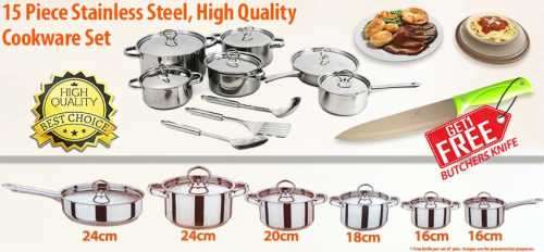 15 PIECE HEAVY STAINLESS STEEL COOKWARE SET WITH FREE BUTCHER KNIFE INCLUDED