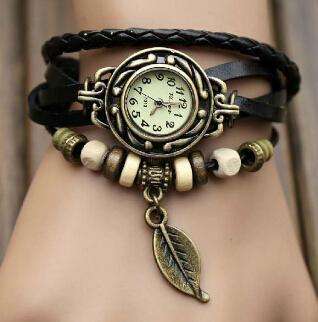 HIGH QUALITY WOMENS GENUINE LEATHER VINTAGE BRACELET WATCH (LEAF-BLACK)