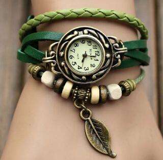 HIGH QUALITY WOMENS GENUINE LEATHER VINTAGE BRACELET WATCH (LEAF-GREEN)
