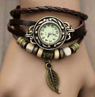 HIGH QUALITY WOMENS GENUINE LEATHER VINTAGE BRACELET WATCH (LEAF-BROWN)
