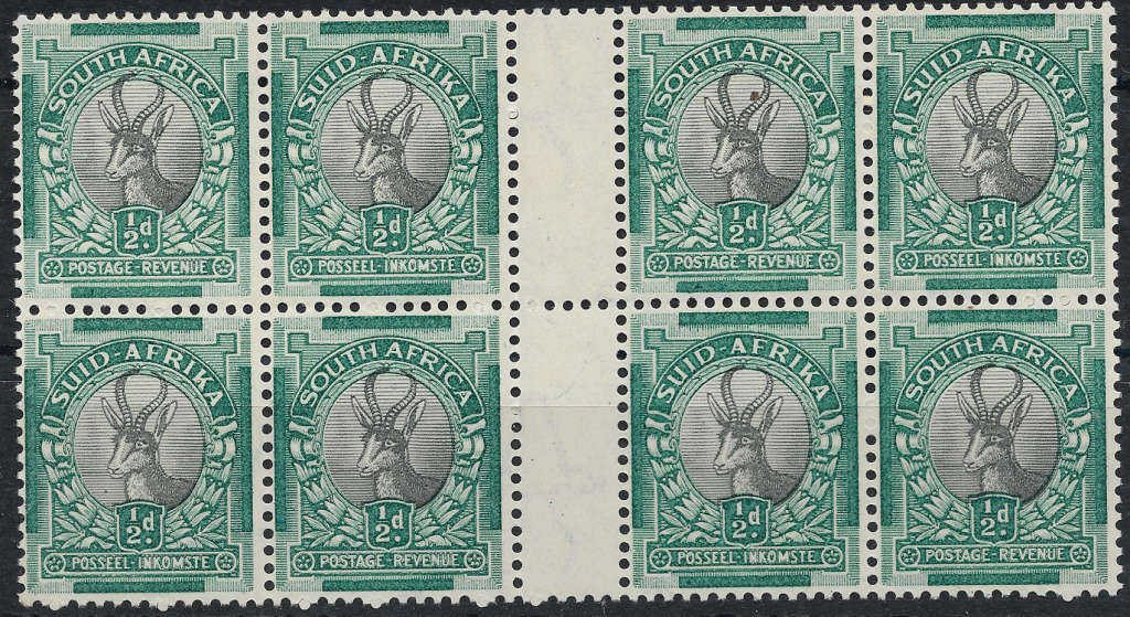 Superb Inv Wmk Union of SA 1933/45 Hyphenated 1/2d coil gutter block of 8 SACC55b/c MNH - Rare