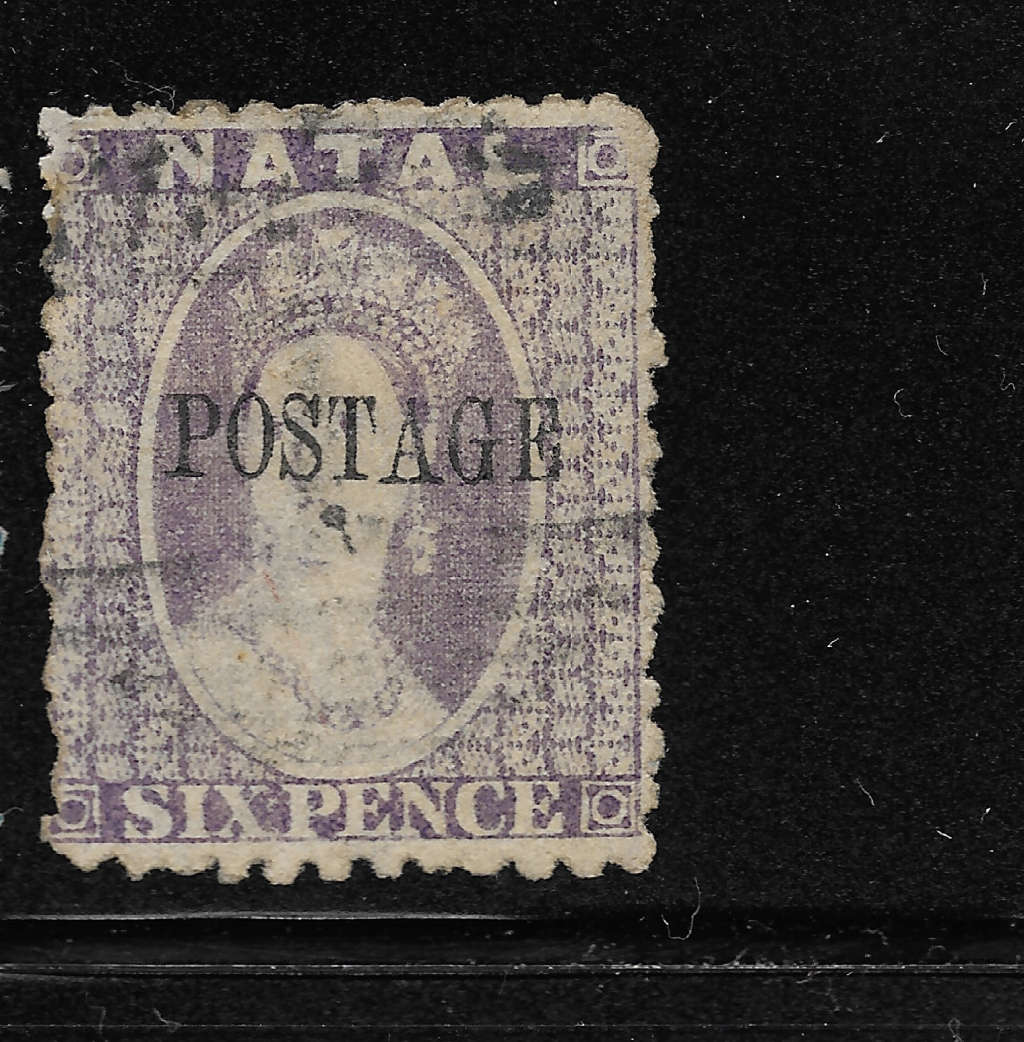 NATAL 1869 SACC27 6d lilac-mauve Ovpt Type I Tall capital letters POSTAGE Fine Used
