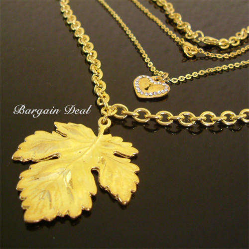 R80 only - Double Layer Necklace with Golden Leaf and Sparkling  Heart shaped Lock pendant !!