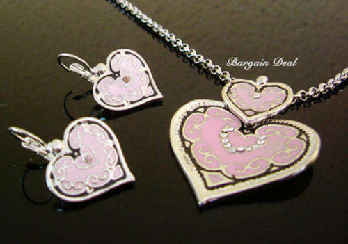 R90 only - 3pcs Stylish Pink Enamel Heart Shaped Necklace & Earring Set !!