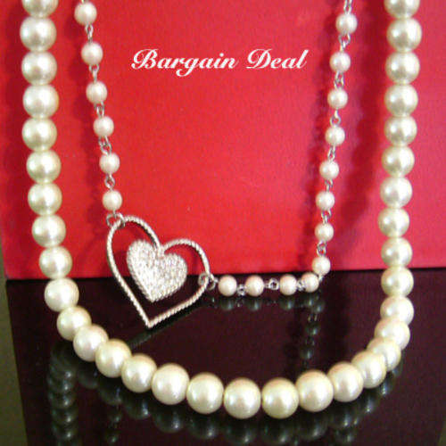 R115only! 60cm Designer Double Layer Creamy White Pearl Necklace with Sparkling Heart Pendant !
