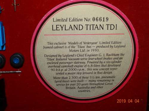 MatchBox - Framed Model -  Models of Yesteryear Leyland Titan TD1 Bus - Swan Fount Pens - LIMITED ED