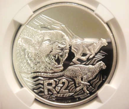 2016 South Africa Cheetah Silver 2 Rand. NGC GEM Proof - SPECIAL LABEL NATIONAL GEOGRAFIC