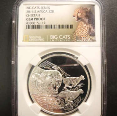 2016 South Africa Cheetah Silver 2 Rand. NGC GEM Proof - SPECIAL LABEL NATIONAL GEOGRAFIC