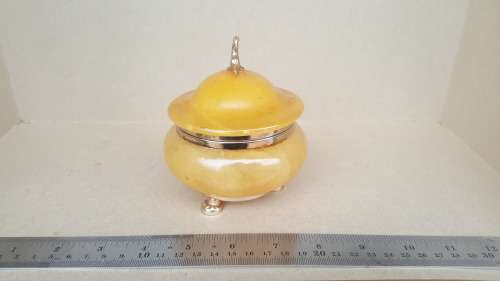 RARE ! Gorgeous Antique Hand Carved Solid Very Translucent Yellow Jade Jewelry Jar With Gold Tone