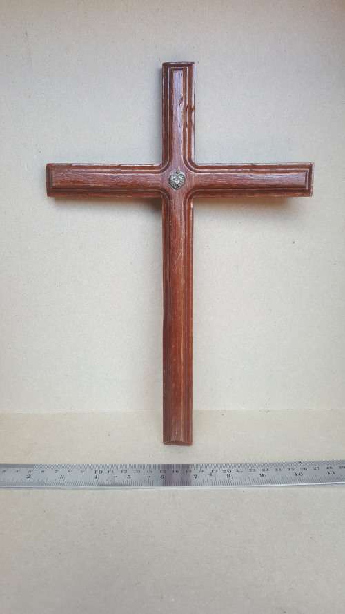 Vintage Wooden -  Christian Cross - Heart Emblem