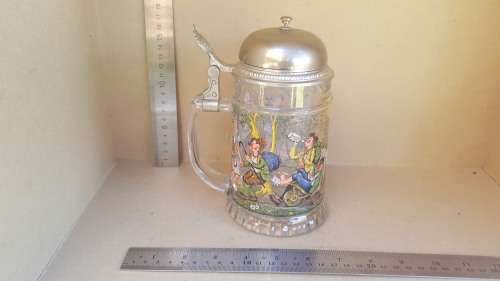 Vintage BMF! West Germany Glass October Fest Beer Stein / Mug with Pewter Lid Bicycle Bell