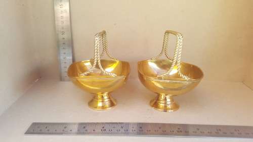 Vintage! Pair of Small Brass Basket Dishes - With Double Rope Handle Design