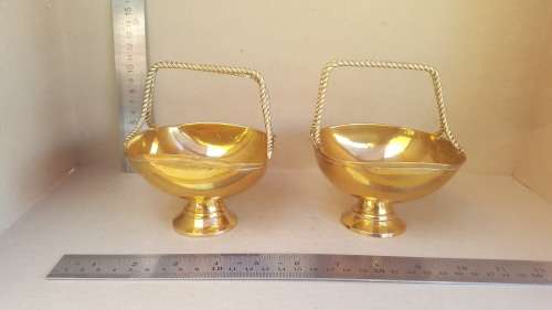 Vintage! Pair of Small Brass Basket Dishes - With Double Rope Handle Design